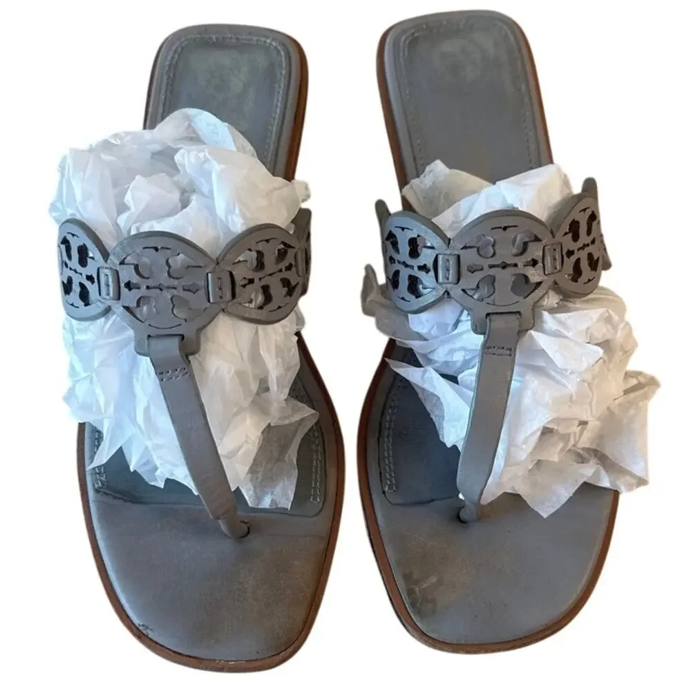 Tory Burch Mini Miller Thong Sandals 7 Blue Tiny Medallion‎ Logo